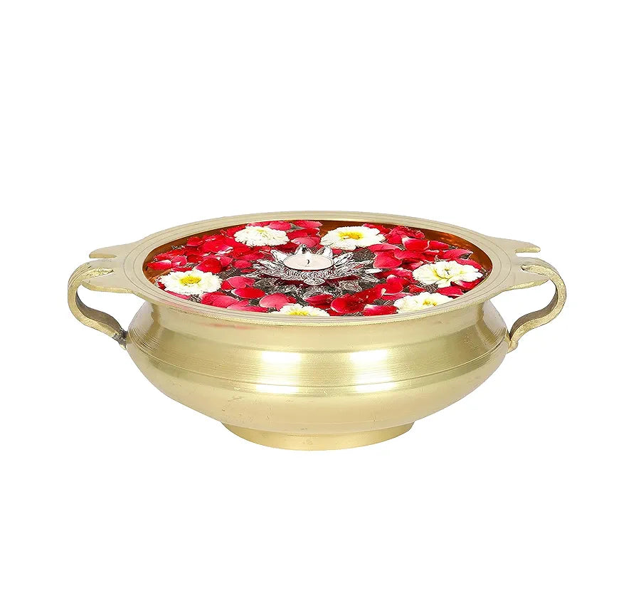Two Moustaches Brass Urli Traditional Bowl Showpiece, Standard, Natural Brass, Antique Yellow, 1 Piece