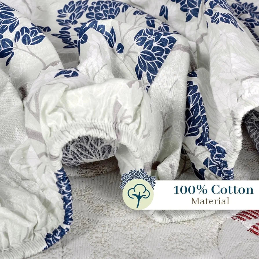 Divine Casa 144 TC 100% Cotton Floral Pattern Elastic Fitted Queen Size Bedsheet with 2 Pillow Covers | Cream & Brown Print, Ideal for Bedroom