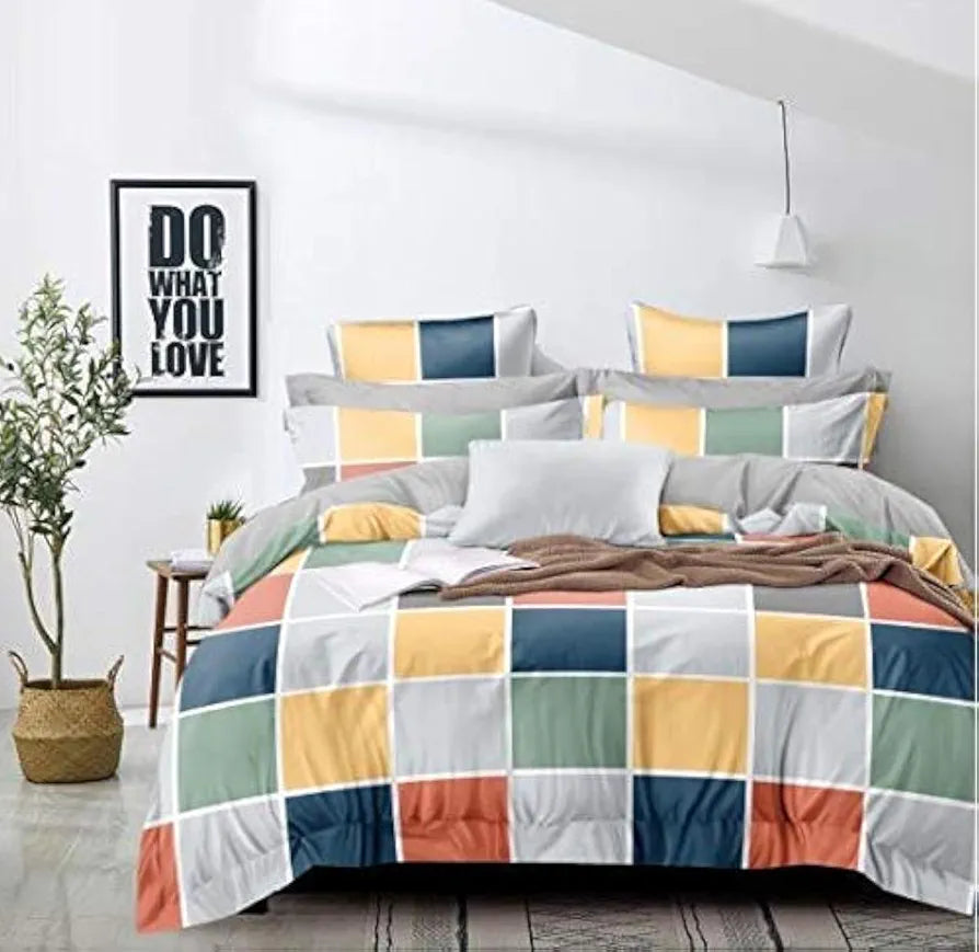 THE HOME STYLE Cotton Feel Glace Cotton Checkered Printed King Size Double Bed Bedsheet With 2 Pillow Cover 300 TC_90X100 Inches