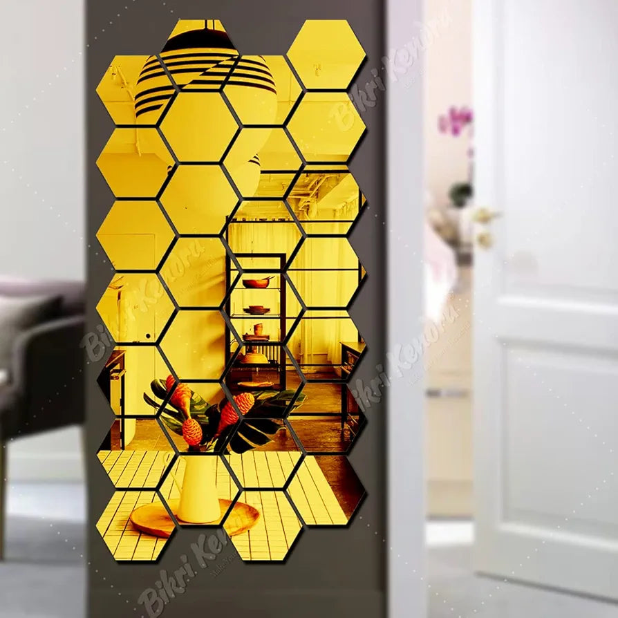 Bikri Kendra - Hexagon 28 Golden with 20 Butterfly Stickers for Wall, Hexagon Stickers, Acrylic Sticker, Hexagonal Mirror Wall-Self-Adhesive