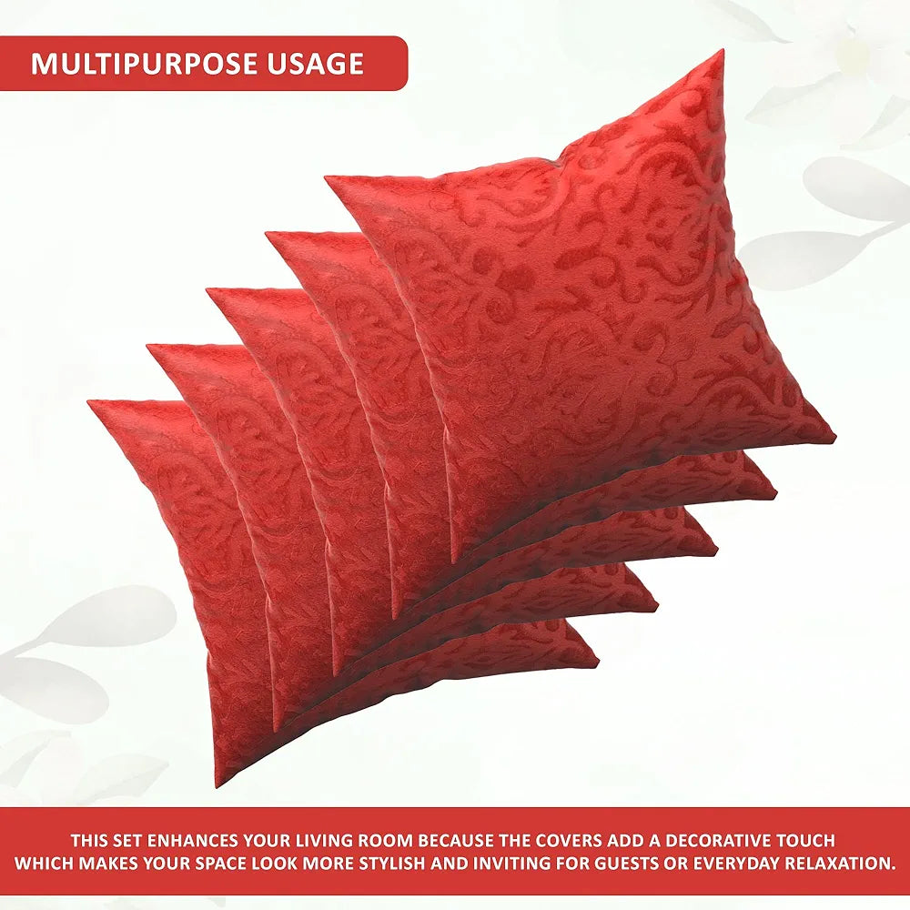 Kuber Industries Set of 5  Washable & Removable Velvet Sofa Pillow Covers with Zip | Soft Sofa Cushion Covers for Home & Bedroom Interiors | Floral Design - Red