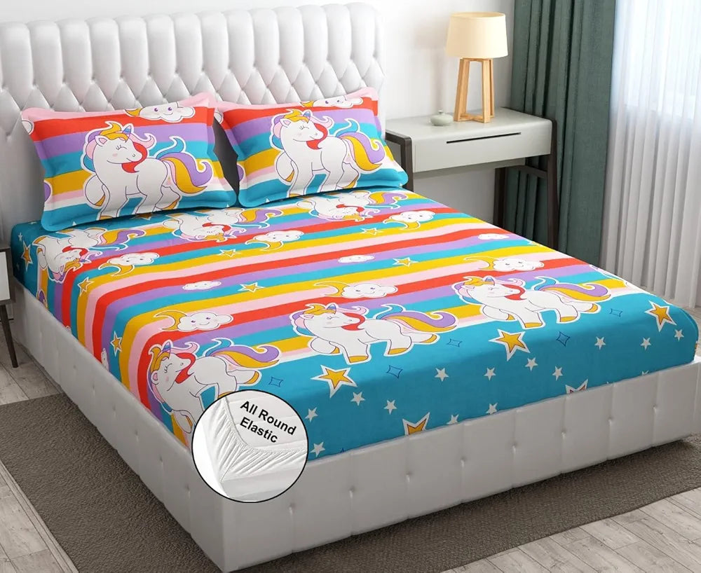 FRESH FROM LOOM Cartoon 300 TC Wrinkle Free Glace Cotton Elastic Fitted Bedsheet for Kids with Two Pillow Cover ), queen, Multicolor