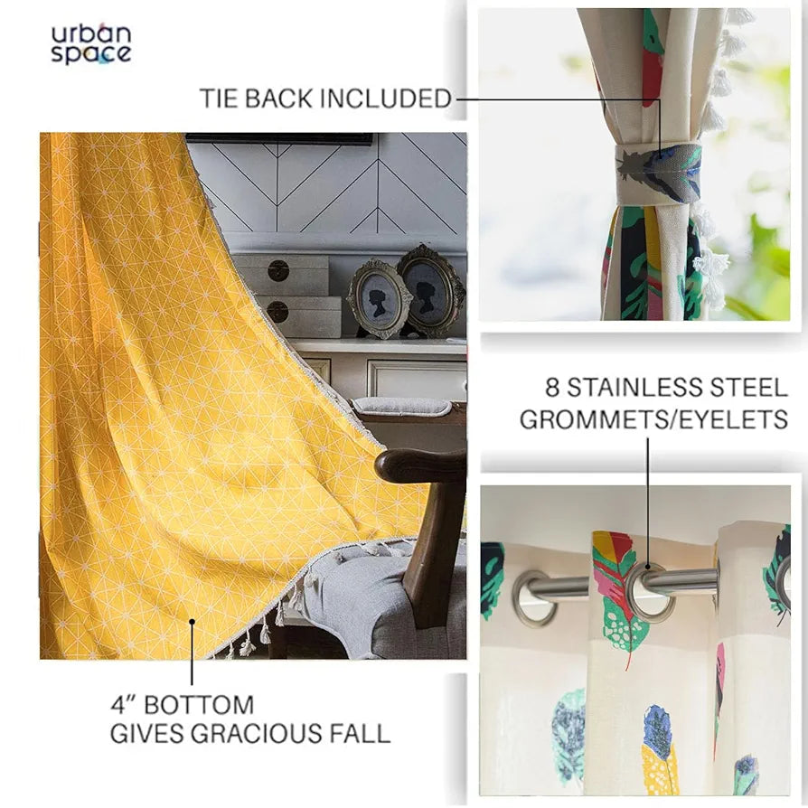 Urban Space 100% Cotton Curtains for Door, Combo Set of 3 Curtains 7 feet Long, 60-65% Room Darkening Curtain, Tieback & Eyelets Included with Curtains for Home Decor 