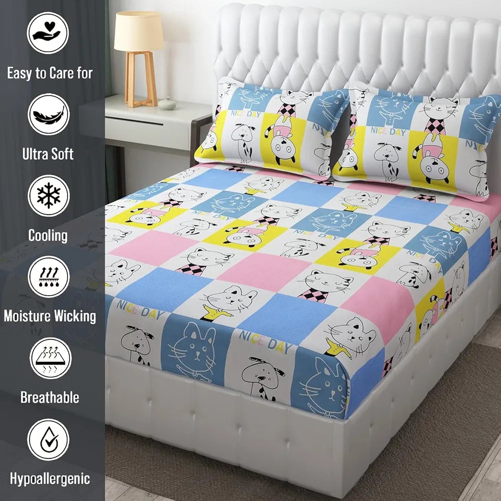 FRESH FROM LOOM Hypoallergenic Glace Cotton Kids Elastic Fitted Bedsheet,Rotary Printed,Wrinkle Free With 2 Pillow Covers,Aqua Pink,Nice Day),Double Bed,300 TC