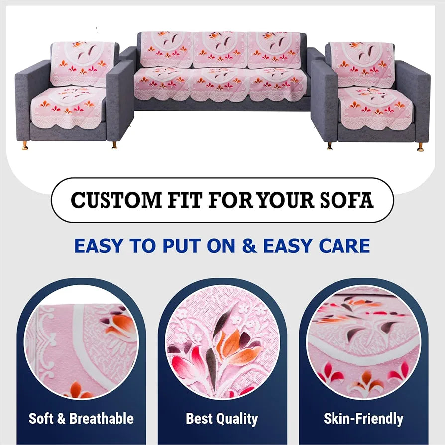 Kuber Industries Sofa Cover | Net Sofa Slipcover Set | Sofa Cover for Living Room | Sofa Slip Cover for Hall | 5-Seater Sofa Cover for Home Decor | Printed Sofa Cover Set | Pink