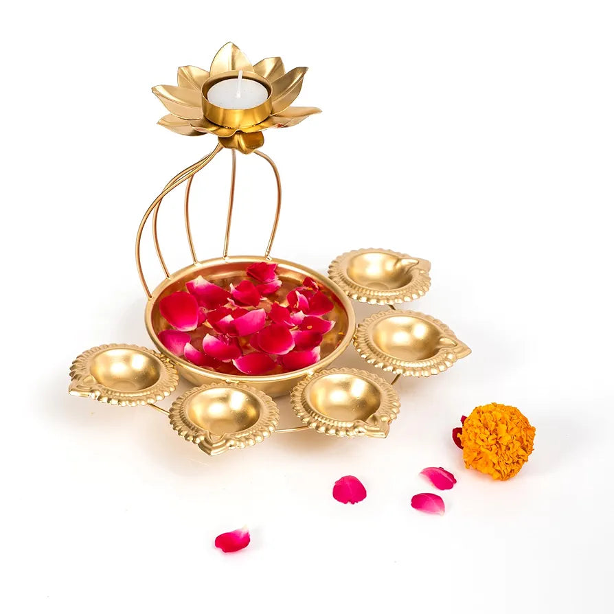 CraftVatika Metal Lotus Tealight Candle Holder for Diwali Decoration Items with Base of Urli Bowl and Diya - Gold , Diwali Gift Items