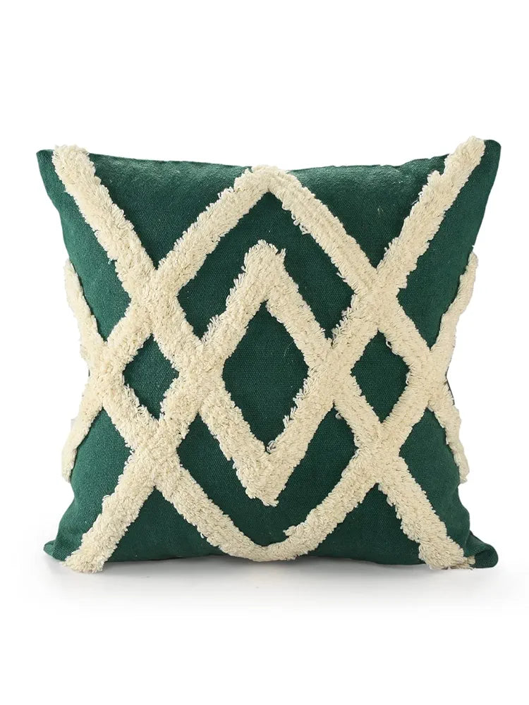 SASHAA WORLD Cotton Cheer Tufted Cushion Cover| Ideal for Sofa, Chair, Couch, Bed, Window Seat or Car| Perfect for Indoor & Outdoor Décor | Modern & Graceful Look for Your Home |45X45 cm,Ivory & Green