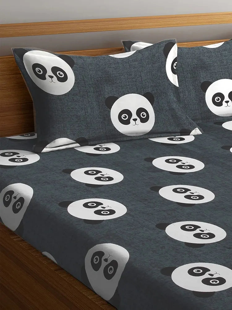 Homefab India 144 TC Microfiber Double BedSheet with 2 Pillow Covers - Grey, Black Panda