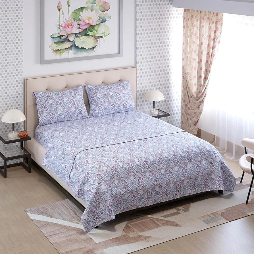 Emaline 100% Cotton Double Bedsheet Set  | 1 Double Cotton Bedsheet & 2 Pillow Covers | Breathable & Anti-Wrinkle | 144 TC | 