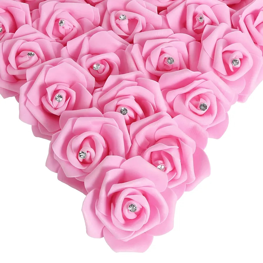 IPOPU 100pcs Pink Foam Rose Artificial Flower Bulk with Crystal 3in Real Looking Stemless Fake Roses for DIY Craft Wedding Bouquets Wall Decoration Bridal Shower Arrangement Home Decorations