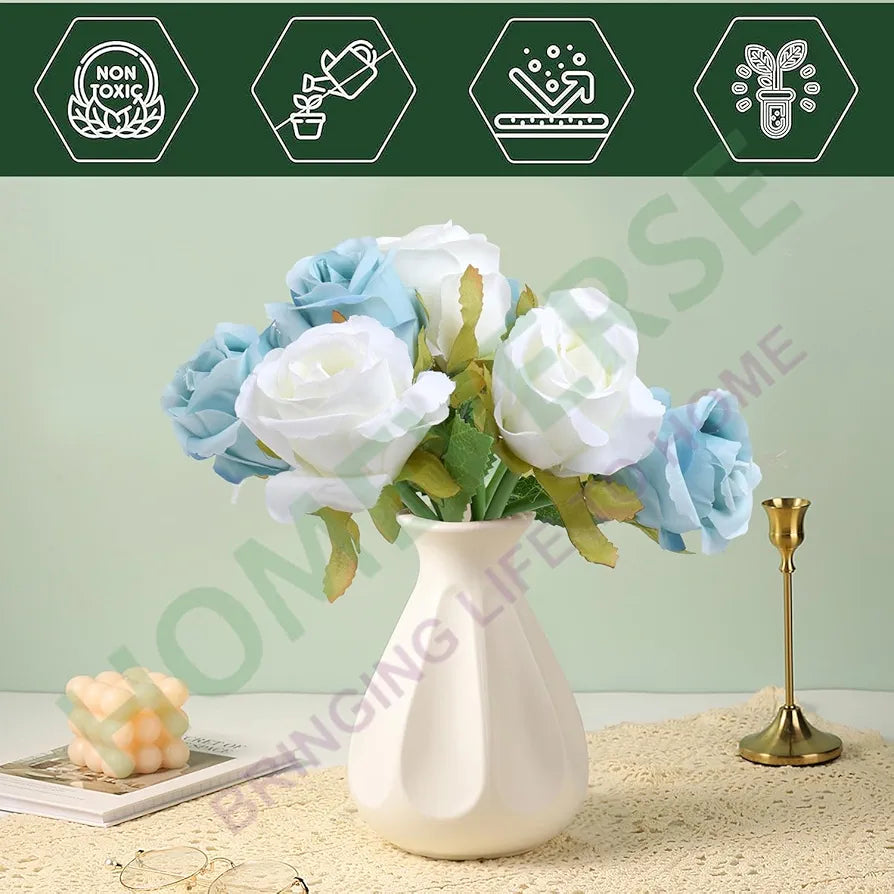 HOMEVERSE 6pcs Blue+6pcs White| Artificial Rose Fake Silk Plants Wedding Valentines Birthday Anniversary Christmas Mothers Day 