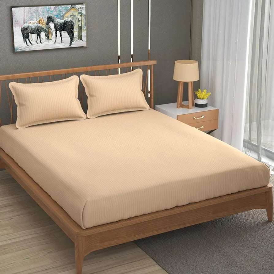 Homefab India 160 TC Stripe Glace Cotton Double BedSheet with 2 Pillow Covers -  - Peach