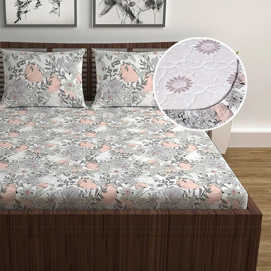 Divine Casa Cotton Classic Floral Bedsheet for Double Bed Elastic Fitted with 2 Pillow Covers  Griffin, 144 Tc, Peach Nectar