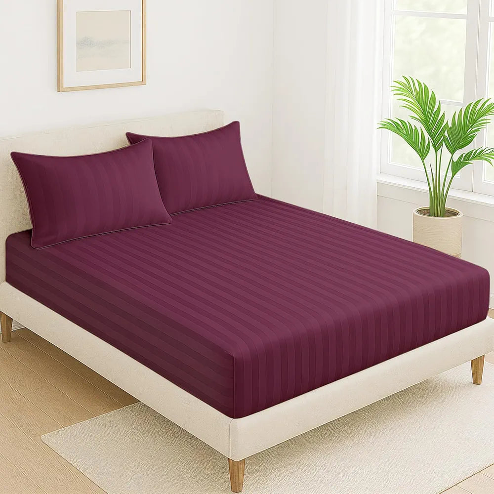 Cloth Fusion Elastic Fitted Glace Cotton Satin Striped Bedsheet Queen Size with 2 Pillow Covers 