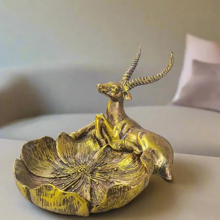 ALILA Deer Hiren on Tray Bowl Polyresin Statue Showpiece Idol for Gifting & Home Office Table Decoration, Golden 8x7x6 Inches 