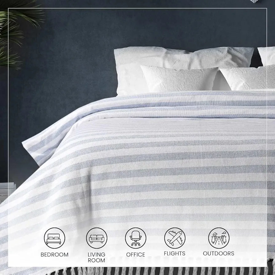 SASHAA WORLD Striped Throw - Super Soft & Breathable | Bed Cover for Living Room & Bedroom | Blue & White Throw | 170 x 200 Cm