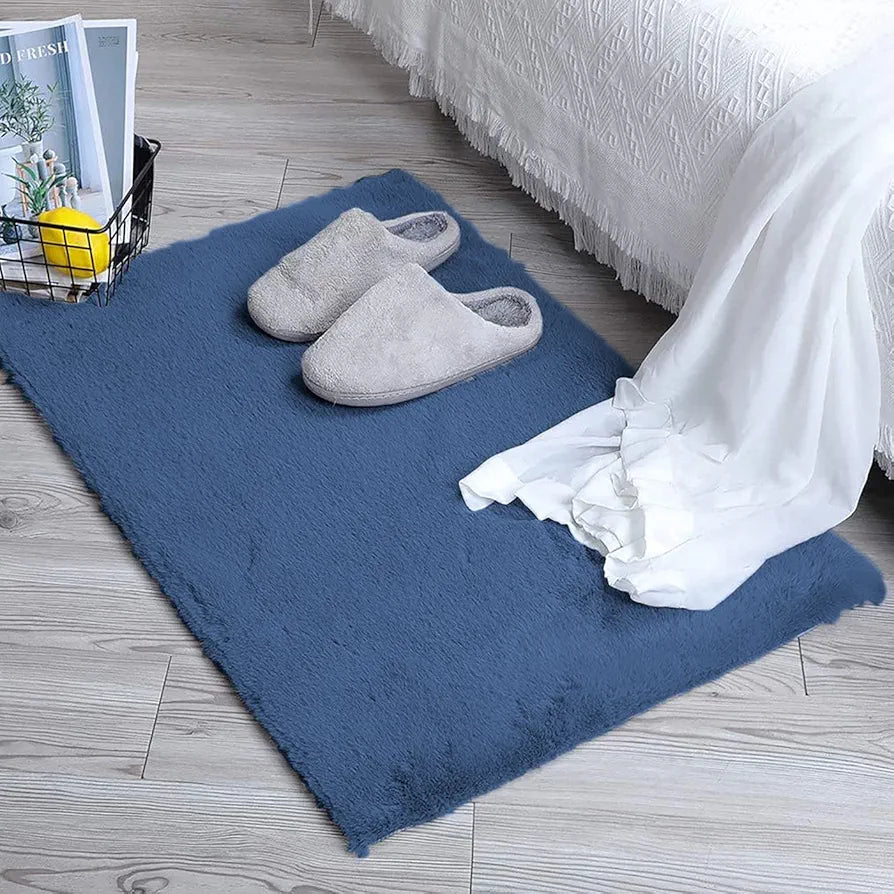 LUXE HOME INTERNATIONAL Ruffle Bath Mat Rabbit Fur 1000 GSM Bathroom Door Rectangular Foot Mats Anti Skid Water Absorbent Easy Machine Washable Rug for Entrance|Kitchen Floor|45X75 Cm|Blue|Pack of 1