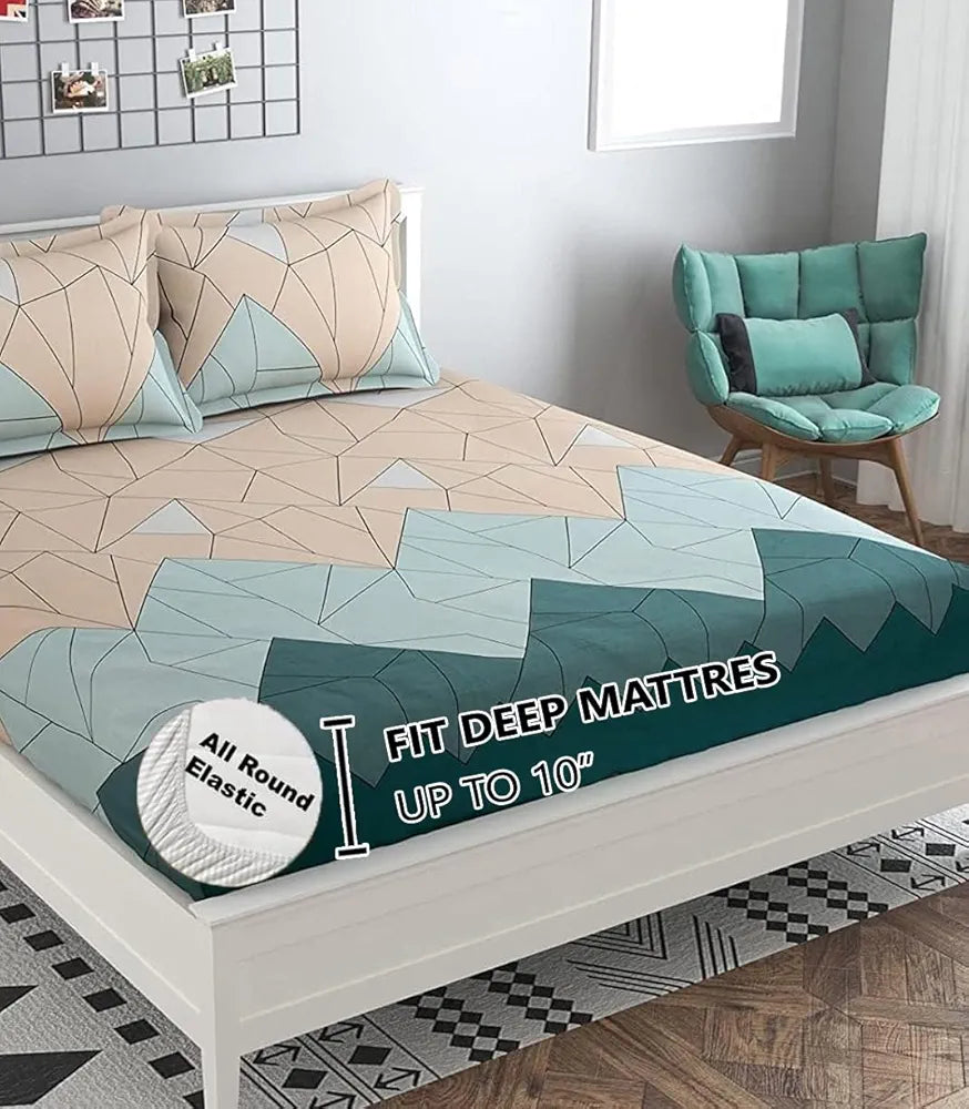 FRESH FROM LOOM Soft Microfiber Fitted Floral Bedsheet King Size Bed With Two Pillow Cover,Elastic Fitted Bed Sheets,Hypoallergenic,Beige Green),144 Tc