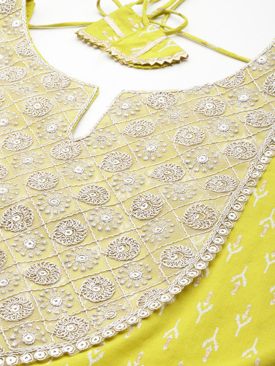 Libas Women Floral Yoke Design High Slit Pure Cotton Kurta with Palazzos & With Dupatta