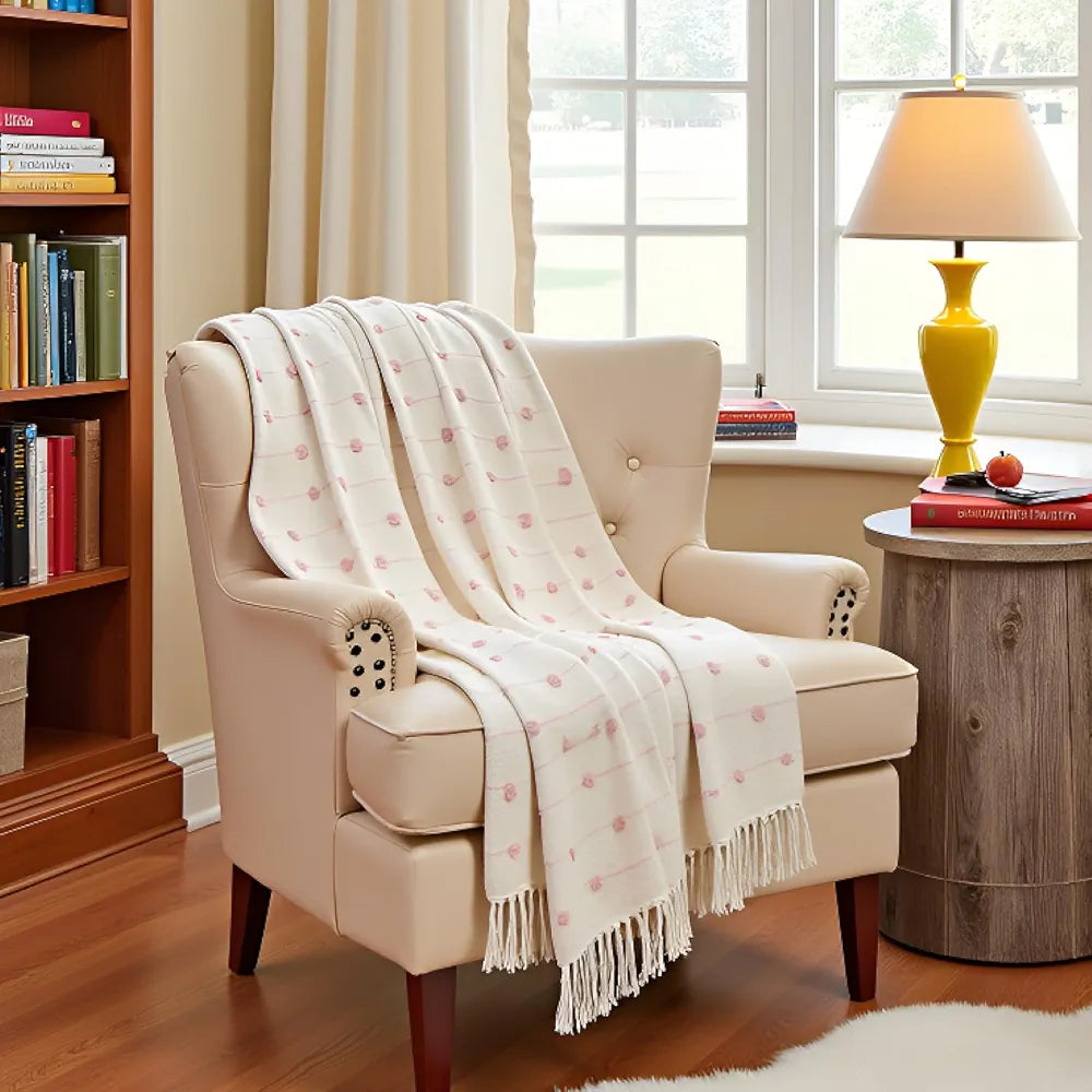 SAJAVAT HOME Hand-Knitted Pure Cotton 3 Seater Sofa Throw | 80x52 Inches/204x132 Cm | Beige & Summer Pink Throw for Sofa, Bed, Chair & Travel - Ideal for All Season | Pack of 1