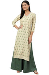 Janasya Women's Beige Rayon Botanical Print Straight Kurta