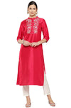 Janasya Women's Pink Crepe Silk Yoke Embroidered Straight Kurta