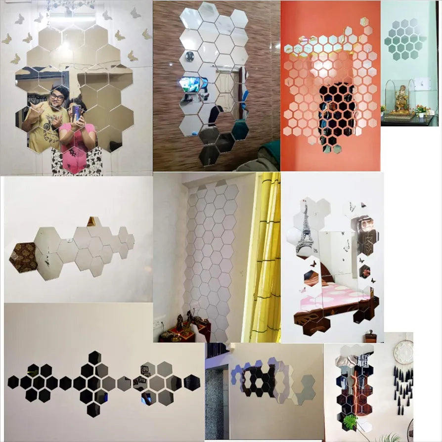 Bikri Kendra - 40 Hexagon Silver with 20 Butterfly Stickers for Wall, Mirror Decor Sticker, Wall Stickers, Acrylic,