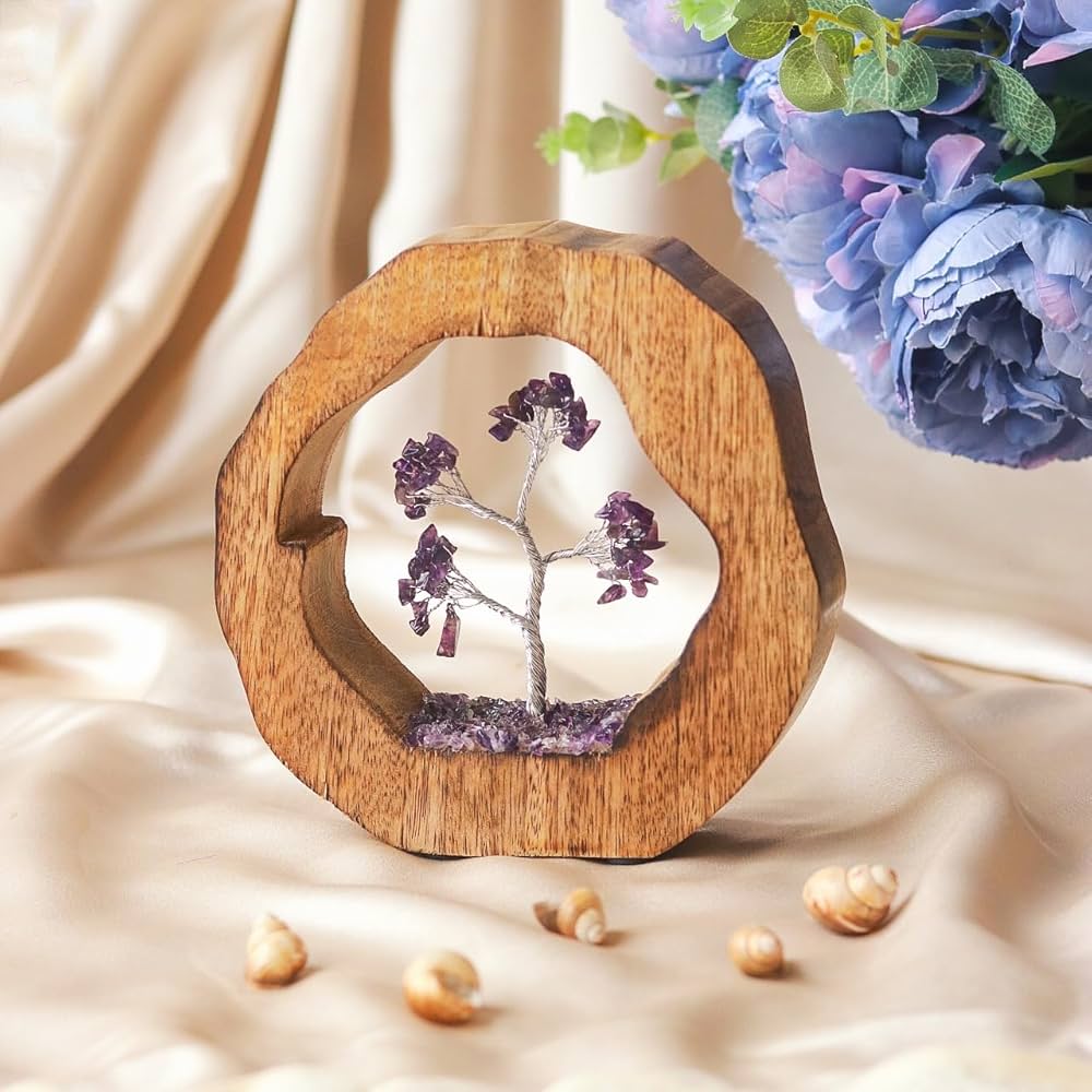 RITUALISTIC Amethyst Crystal Tree Set in Wooden Ring Gift Spiritual Item for Energy Flow & Chakra Healing Feng Shui Gemstone Bonsai Tree for wealth & Luck Bonsai Tree Showpiece 17 cm 3.5 cm