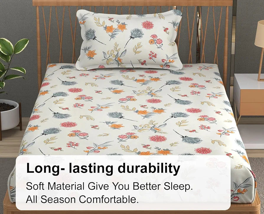 FRESH FROM LOOM Hypoallergenic Floral Print 240 TC Microfiber Single Bed Bedsheet with 1 Pillow Covers 