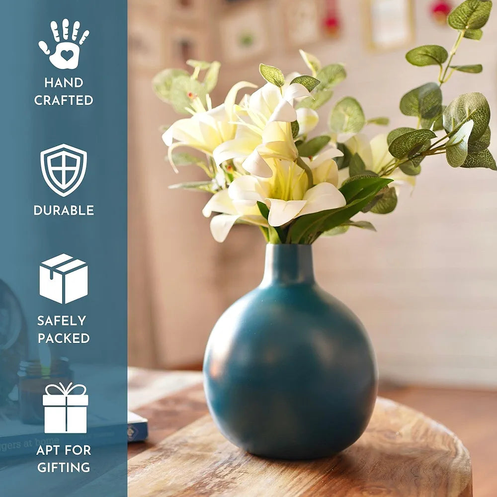 Behoma Metal Flower Vase for Home Decor| Decoration Item for Living Room Office| Table Decorative Flower Pot for Gifting 1Pcs Opal Blue