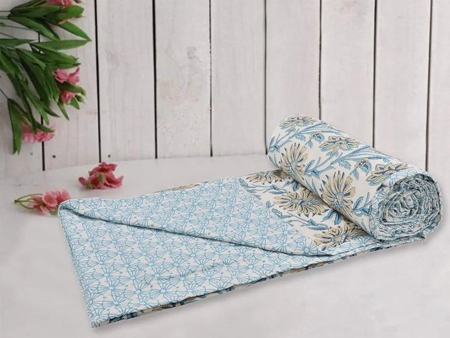Trance Home Linen 150 GSM 100% Cotton Reversible Dohar Double Bed Size | Jaipuri Printed Artisan Block Design Blanket | Soft Lightweight Ac Comforter Quilt 