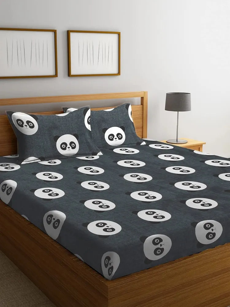 Homefab India 144 TC Microfiber Double BedSheet with 2 Pillow Covers - Grey, Black Panda