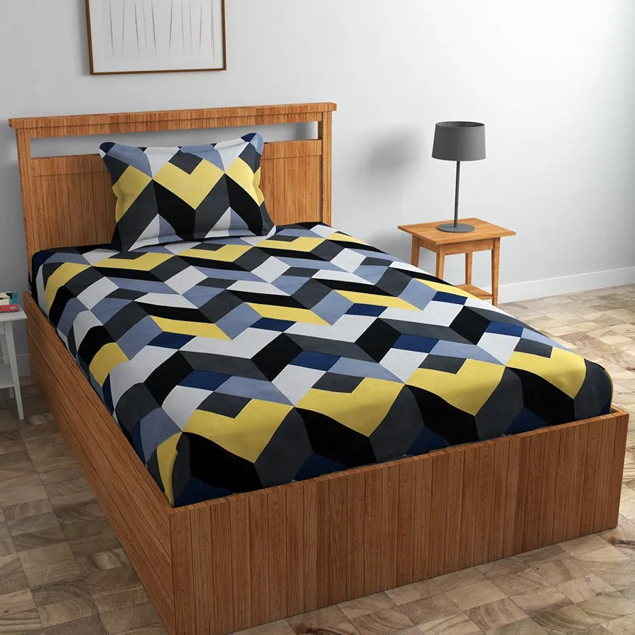 Homefab India 160 TC Glace Cotton Single BedSheet with 1 Pillow Cover -  - Black Grey, Checks