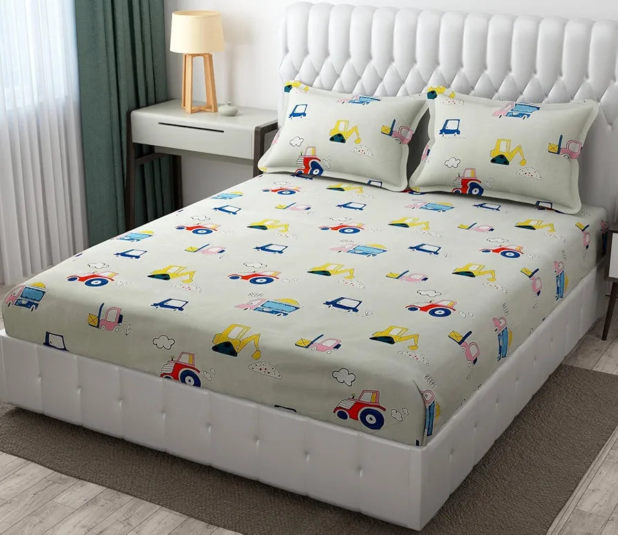 FRESH FROM LOOM Glace Cotton Wrinkle Free Soft Hypoallergenic Bed Sheet With 2 Pillow Cover | Cartoon Printed | Double Bed King Size Kids Bedsheet For Boys & Girls Room , 144 tc
