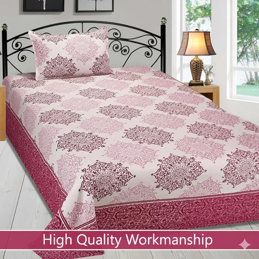 Fresh From Loom Reversible Cotton Bed Sheet Set - Single Bedsheet, Hypoallergenic, Wrinkle Free 300 TC Bedsheet with 1 Pillow Covers 