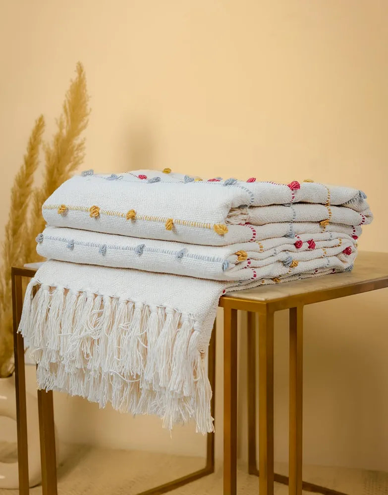 SAJAVAT HOME Hand-Knitted Pure Cotton 3 Seater Sofa Throw & Cushion Cover | Beige Multi Throw & Pink Cushion for Living Room, Bedroom, Sofa & Chair | 80x52 Inches / 204x132 Cm | Pack of 1