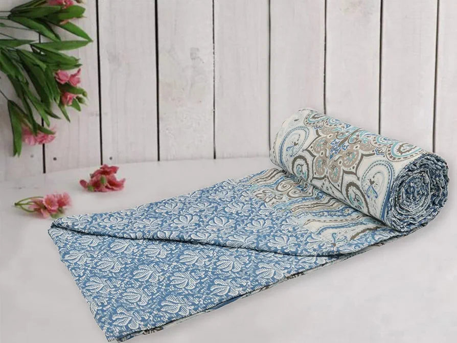 Trance Home Linen 100% Cotton Reversible Dohar Single Bed Size | Jaipuri Printed Artisan Block Design Blanket | Soft Lightweight Ac Comforter Quilt 