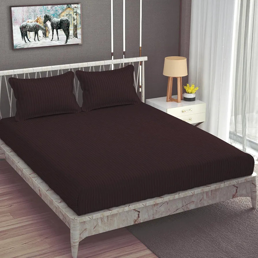 Homefab India 160 TC Stripe Glace Cotton Double BedSheet with 2 Pillow Covers -  - Brown