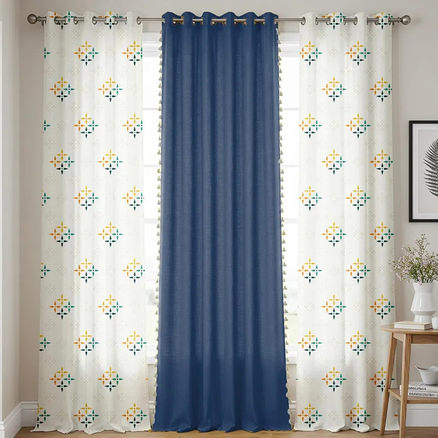 Urban Space 100% Cotton Curtains for Door, Set of 3 Curtains 7 feet Long, 60-65% Room Darkening Curtain, Tieback & Eyelets Included with Curtains for Home Decor 