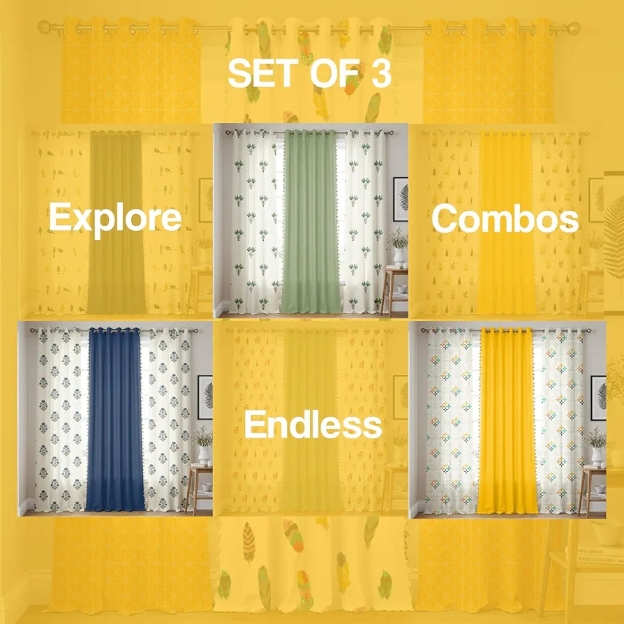 Urban Space 100% Cotton Curtains for Door, Combo Set of 3 Curtains 7 feet Long, 60-65% Room Darkening Curtain, Tieback & Eyelets Included with Curtains for Home Decor 