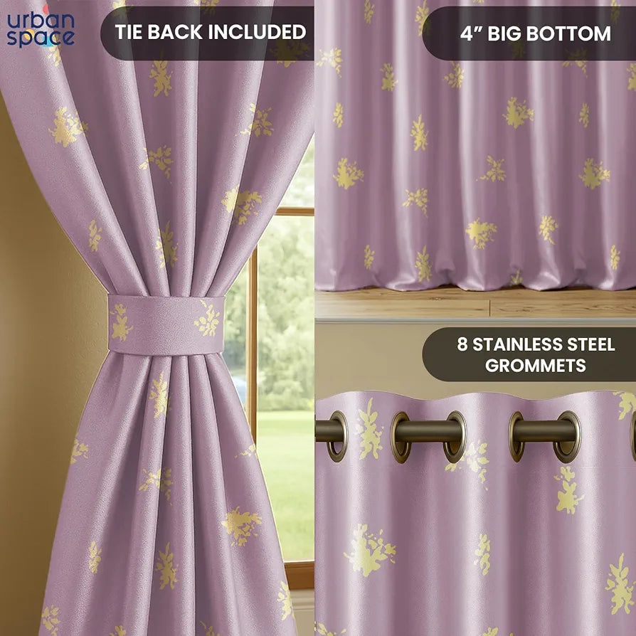 Urban Space Blackout Curtains for Living Room, Gold Foil Printed Luxurious 100% Blackout Decorative Door Curtain Eyelet with Tieback, 1 Piece 