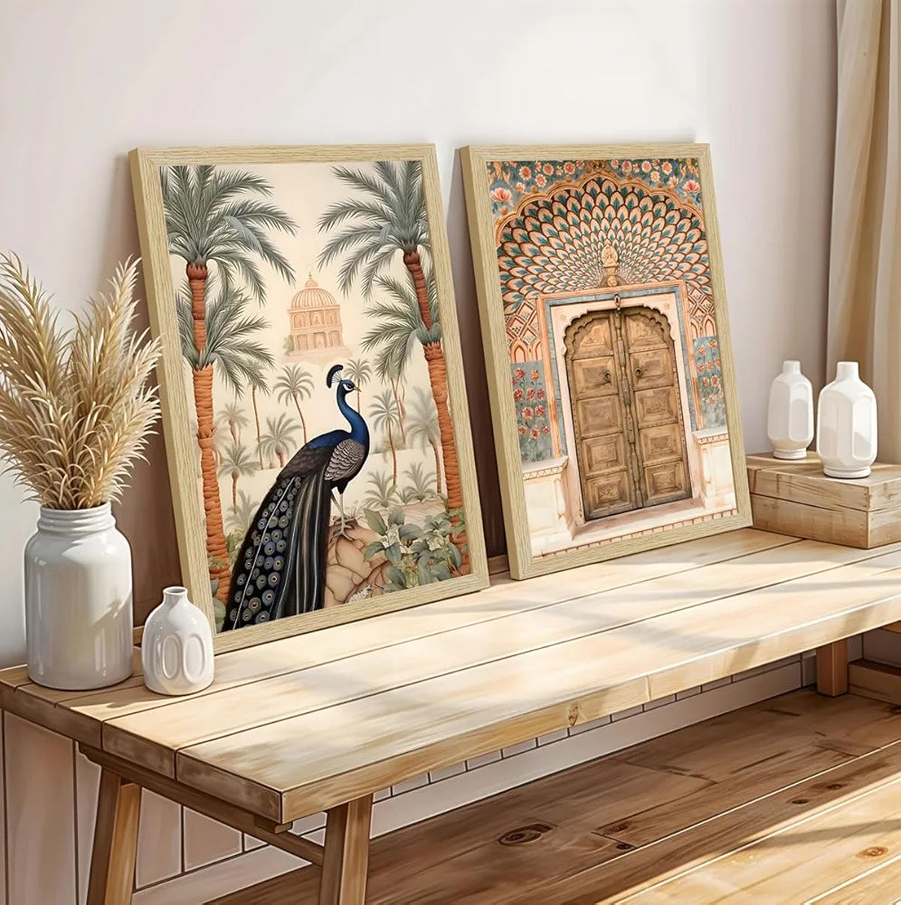 ArtX Paper Peacock Painting For Wall Vastu, Madhubani Art Paintings, Floral Wall Painting for Living Room, Multicolor, Natural Wood Color Frames, Set of 2