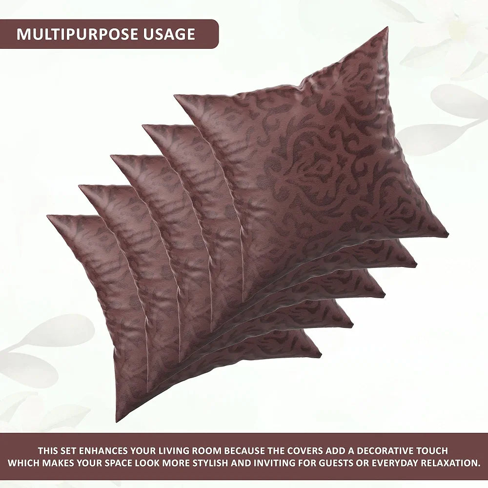 Kuber Industries Set of 5  Washable & Removable Velvet Sofa Pillow Covers with Zip | Soft Sofa Cushion Covers for Home & Bedroom Interiors | Floral Design - Brown