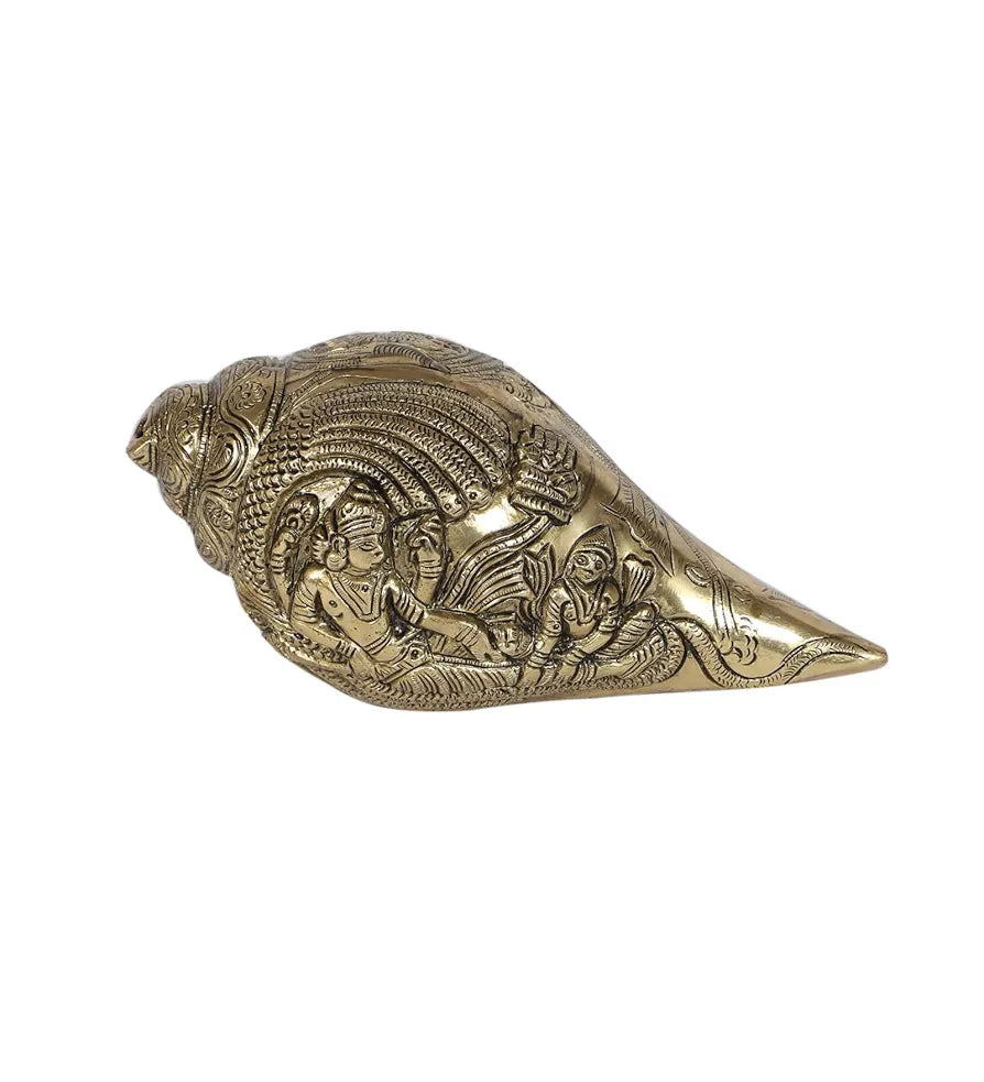 Two Moustaches Brass Shankh with Vishnu Carving