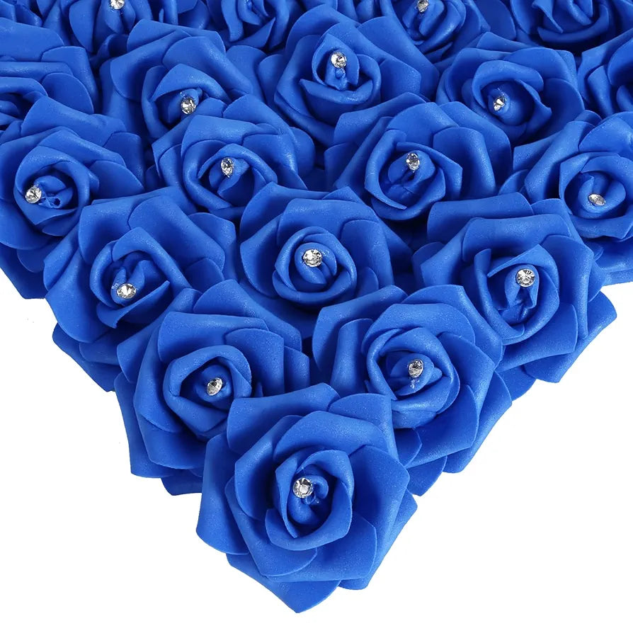 IPOPU 100pcs Royal Blue Artificial Rose Heads with Crystal 3in Real Looking Foam Fake Roses for DIY Craft Wedding Bouquets Wall Decoration Bridal Shower Arrangement Home Decorations