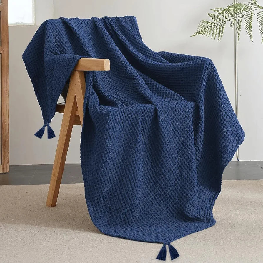 Urban Space 100% Cotton Waffle Throw Blanket, Soft Decorative Throw for Living Room, Sofa, Chair and Couch, Handmade,Reversible and Breathable Throw with Tassels 