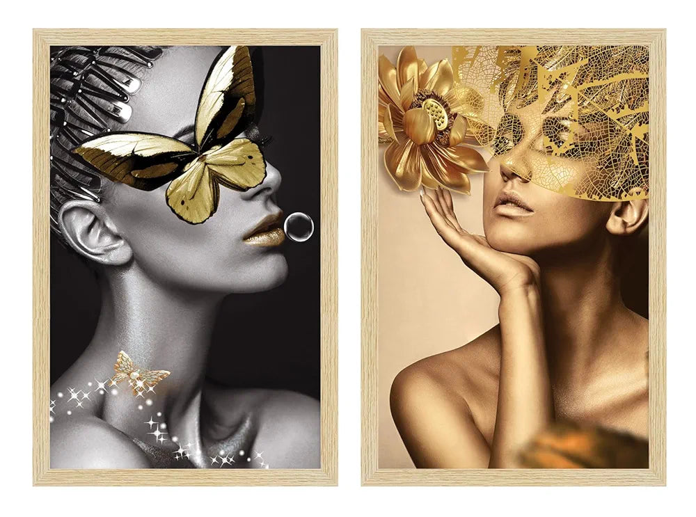 ArtX Paper Women Aesthetic Wall Decor Paintings with Frame for Home Decoration, Painting for Living Room Bedroom Office, Wall Decor For Living Room, Set Of 2