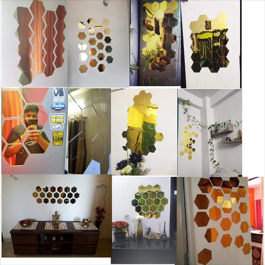 Bikri Kendra - Hexagon 20 Golden Stickers for Wall, Hexagon Mirror, Acrylic Mirror Sticker, Hexagonal Wall Sticker,