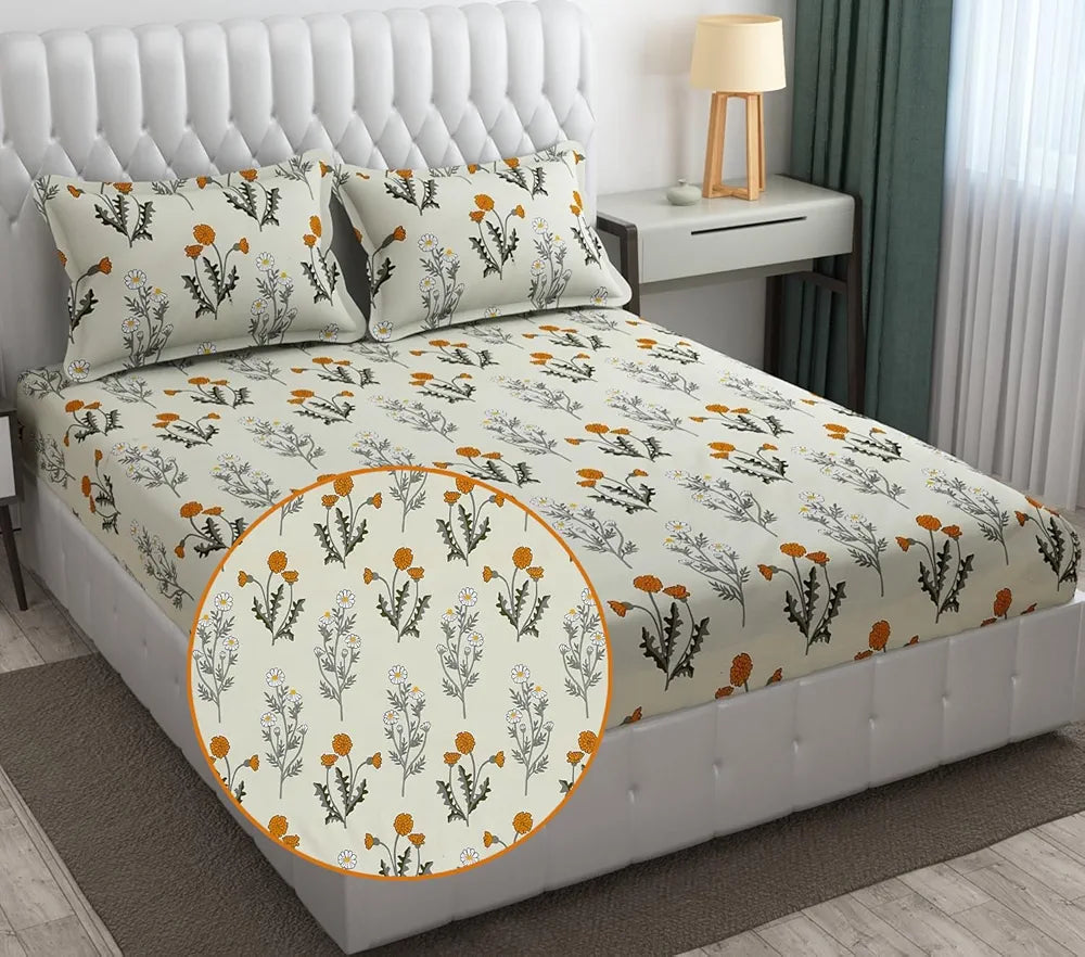 Fresh From Loom Floral Print Microfiber Fitted King Size Bedsheet Set - Anti Fade, 240 TC, 2 Pillow Covers Included | Pink, Floral Design)