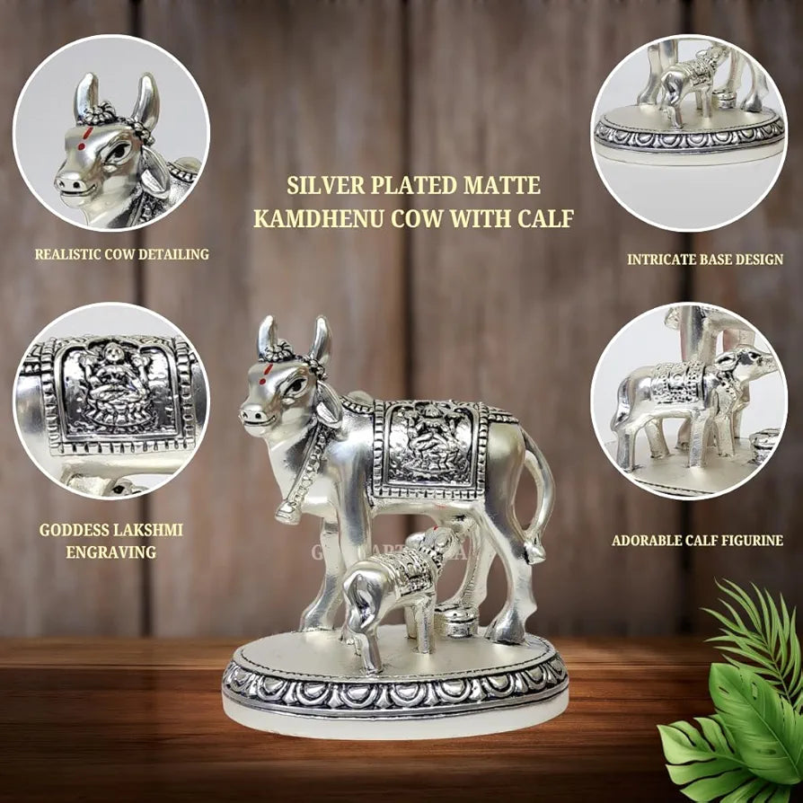 Gold Art India Kamdhenu Cow and Calf Idol | Silver Matte Finish Decorative Murti | 7.62 cm x 7.62 cm | Sacred Gau MATA Statue for Home Temple & Gift